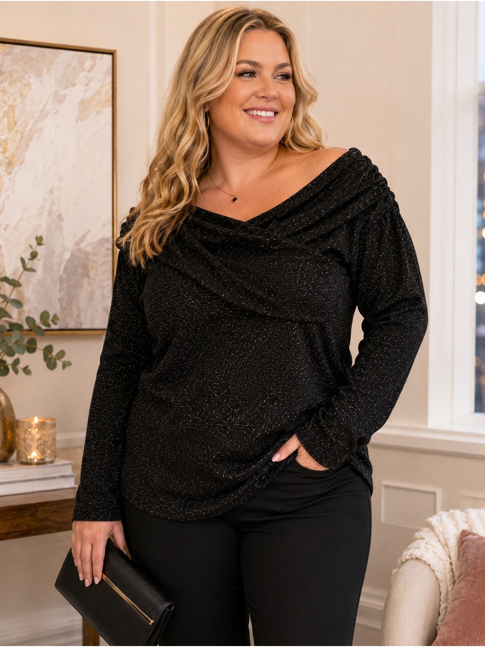 Lane Bryant Black Metallic Shimmer Cowl Neck Top Women’s Plus Size 18/20